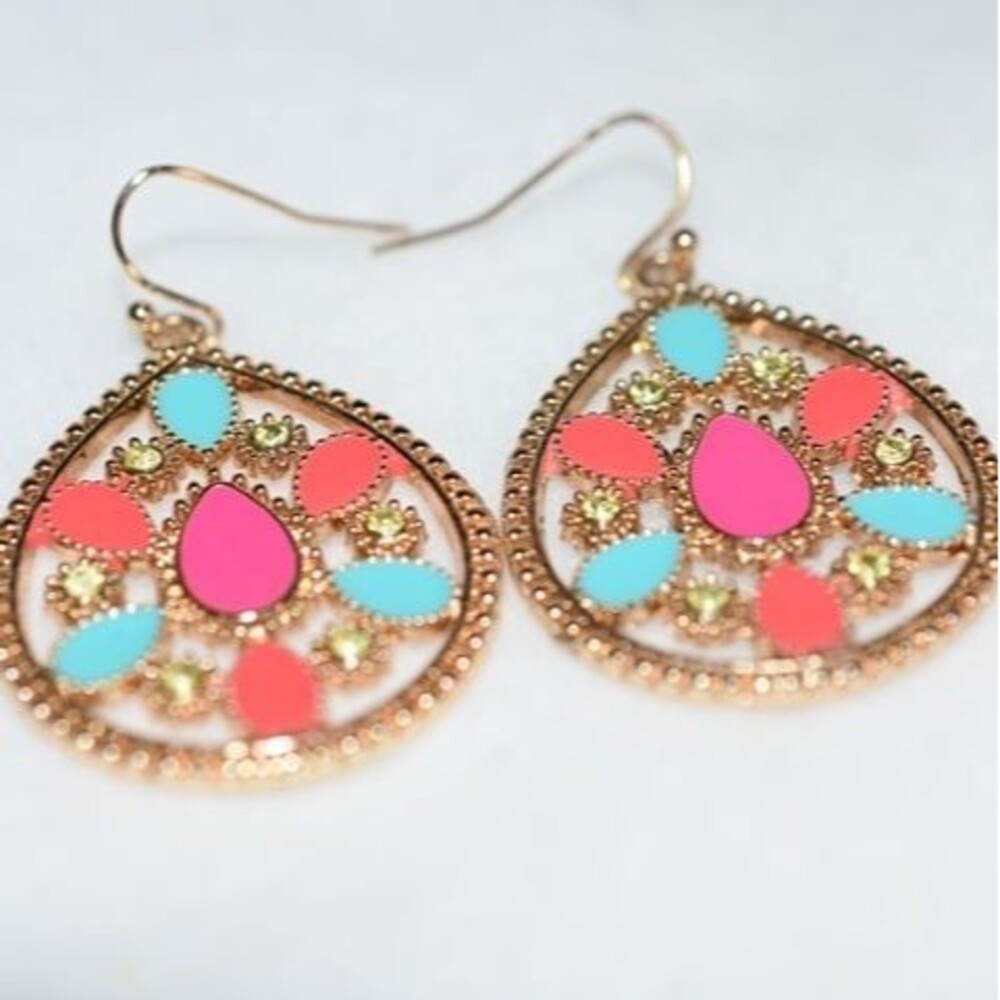 Hippy Dippy Boho Teardrop Blue/Pink/Orange Enamel Inlay Lime Rhinestone Earrings